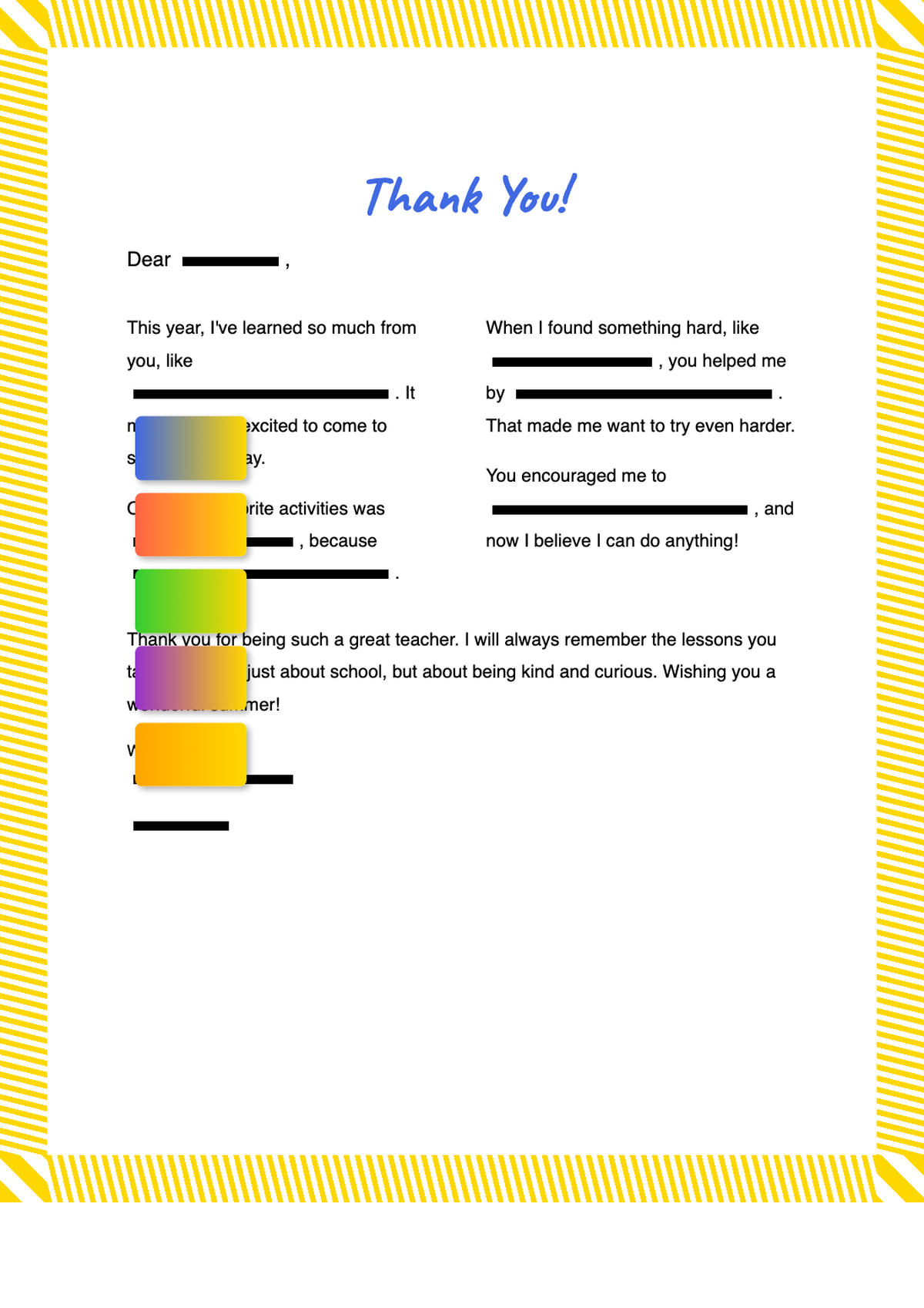 Fill in the blank teacher thank you letter template with colorful book stack border_variant_3